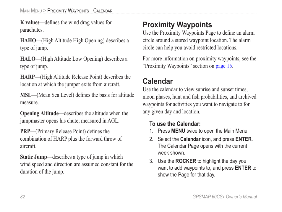 Proximity waypoints, Calendar | Garmin GPSMAP 60CSx User Manual | Page 92 / 116