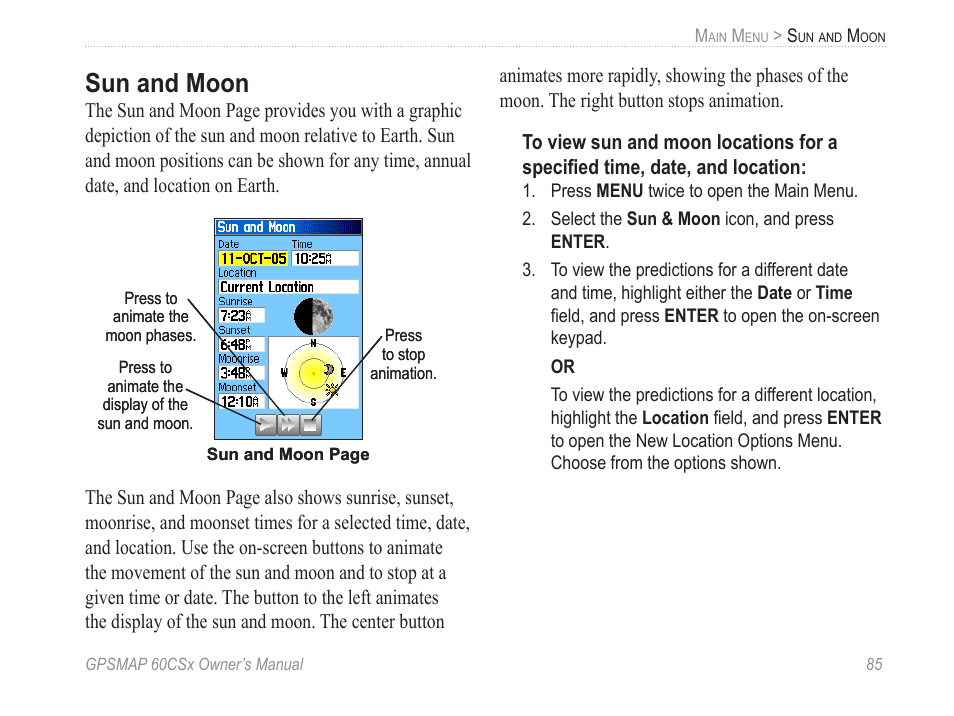 Sun and moon, Tables for this item location. see | Garmin GPSMAP 60CSx User Manual | Page 95 / 116