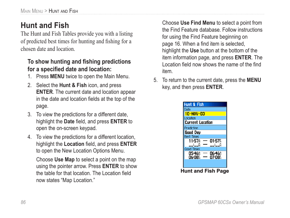 Hunt and fish, Tables for this item location. see | Garmin GPSMAP 60CSx User Manual | Page 96 / 116