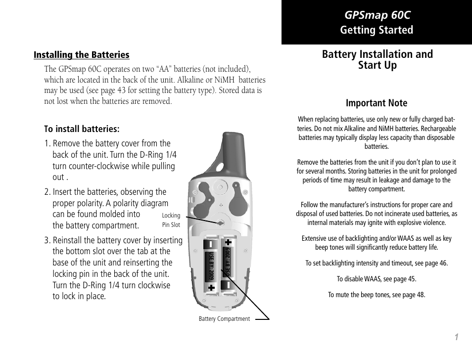 Gpsmap 60c battery installation and start up, Getting started | Garmin GPSMAP 60C User Manual | Page 11 / 96