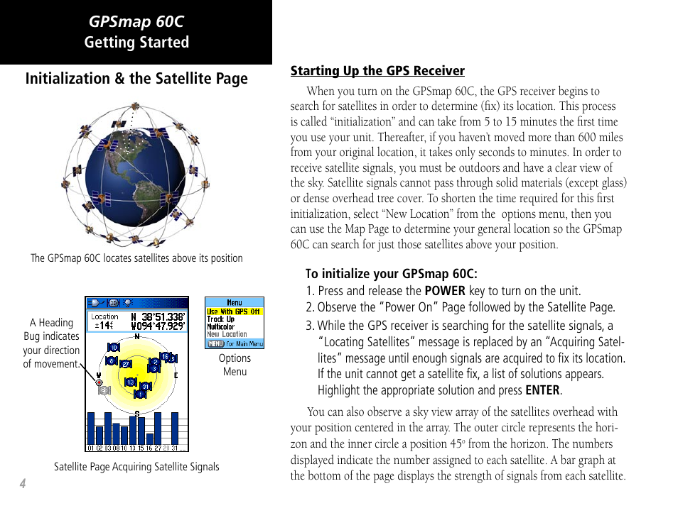 Gpsmap 60c getting started, Initialization & the satellite page | Garmin GPSMAP 60C User Manual | Page 14 / 96