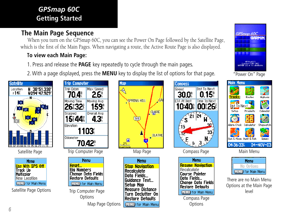 Gpsmap 60c getting started the main page sequence | Garmin GPSMAP 60C User Manual | Page 16 / 96