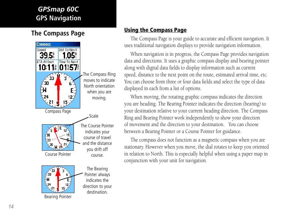 Gpsmap 60c, Gps navigation the compass page | Garmin GPSMAP 60C User Manual | Page 24 / 96