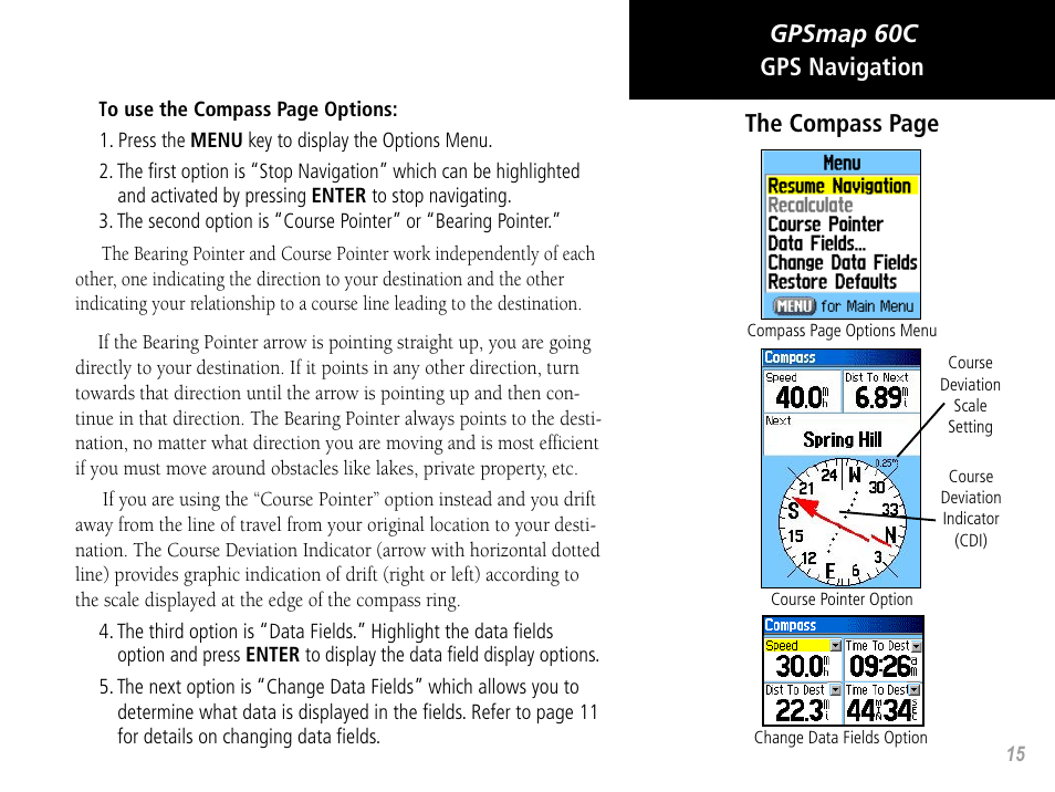 Gpsmap 60c gps navigation the compass page | Garmin GPSMAP 60C User Manual | Page 25 / 96