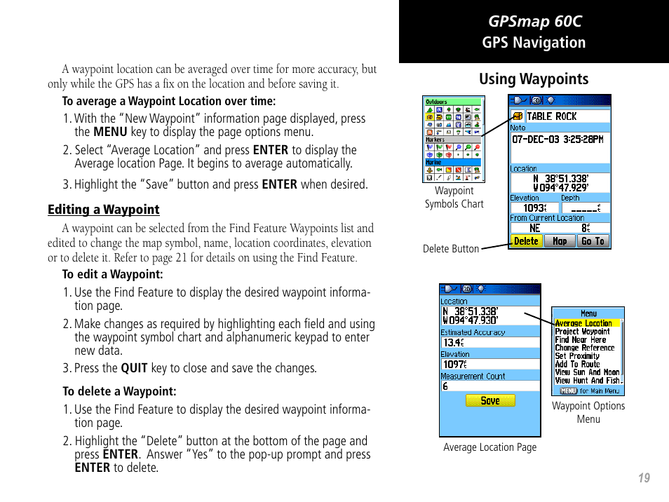 Gpsmap 60c gps navigation, Using waypoints | Garmin GPSMAP 60C User Manual | Page 29 / 96