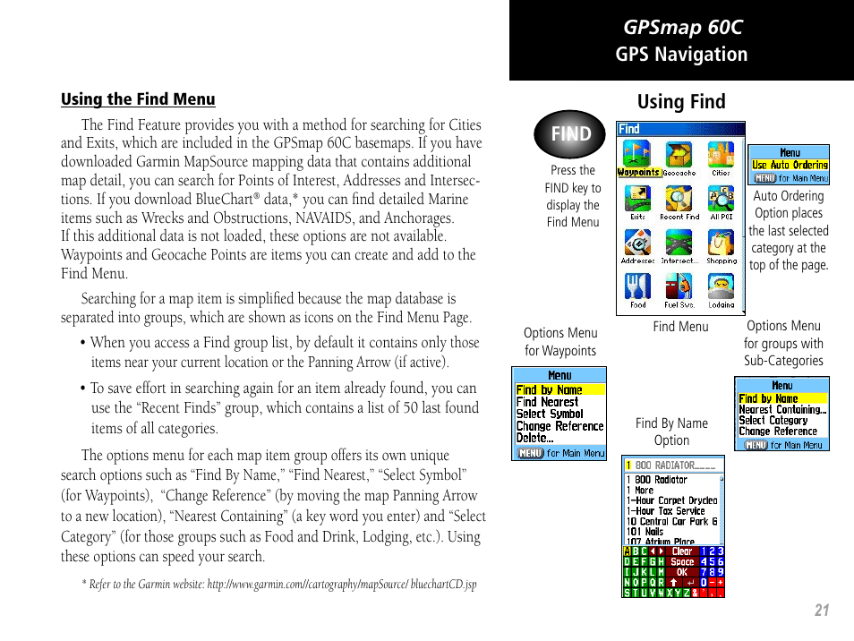 Gpsmap 60c gps navigation, Using find, Find | Garmin GPSMAP 60C User Manual | Page 31 / 96