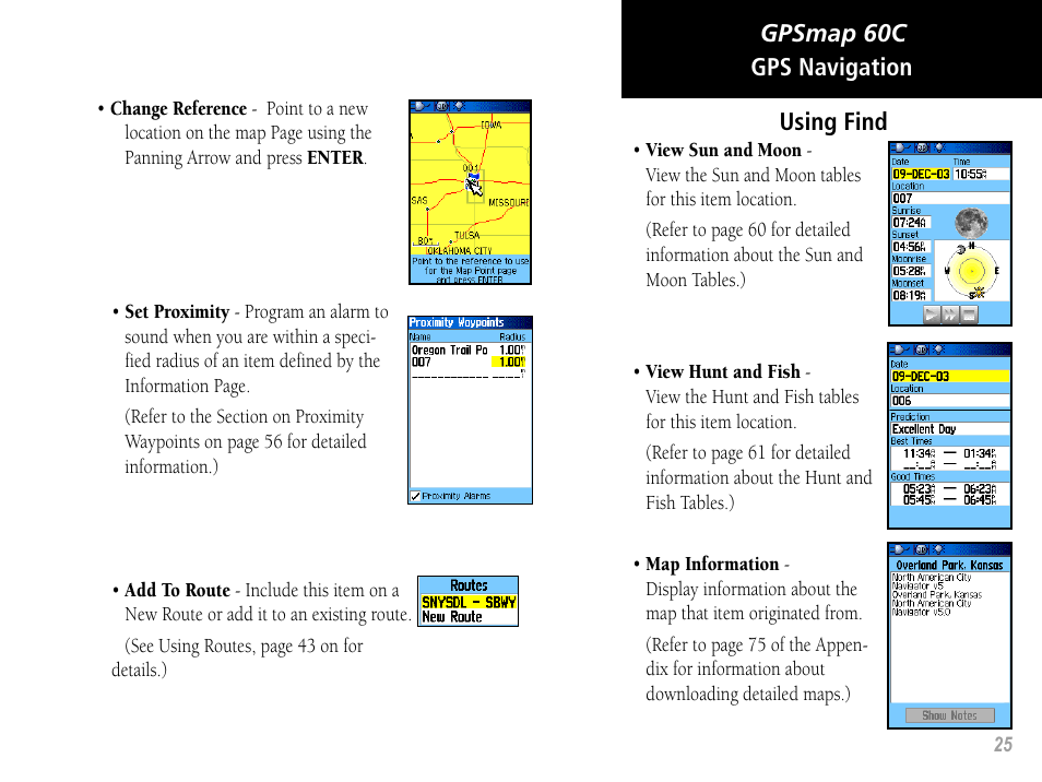 Gpsmap 60c, Gps navigation using find | Garmin GPSMAP 60C User Manual | Page 35 / 96