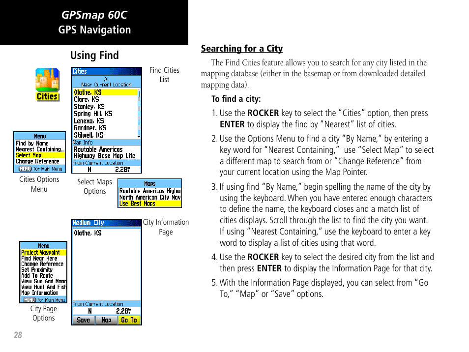 Gpsmap 60c gps navigation using find | Garmin GPSMAP 60C User Manual | Page 38 / 96