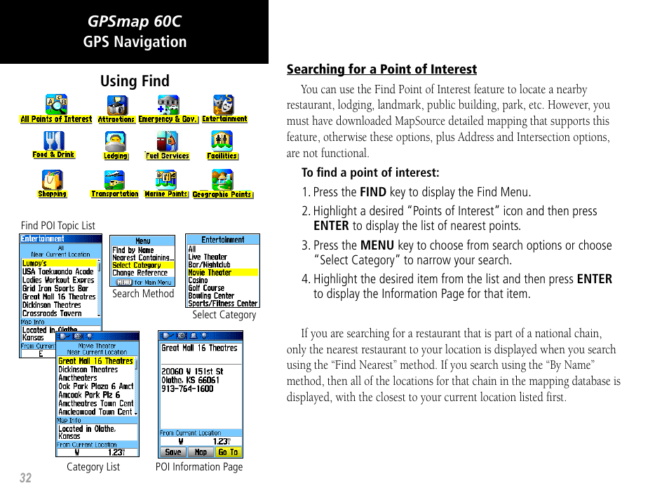 Gpsmap 60c, Gps navigation using find | Garmin GPSMAP 60C User Manual | Page 42 / 96