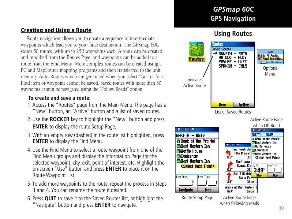 Gpsmap 60c gps navigation using routes | Garmin GPSMAP 60C User Manual | Page 49 / 96