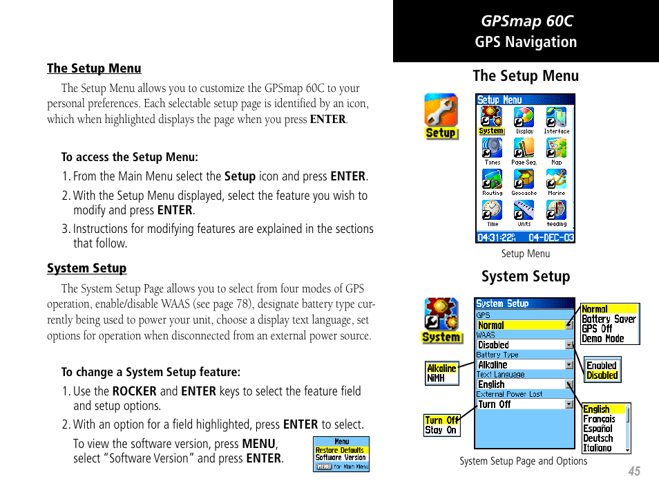 Gpsmap 60c gps navigation the setup menu, System setup | Garmin GPSMAP 60C User Manual | Page 55 / 96