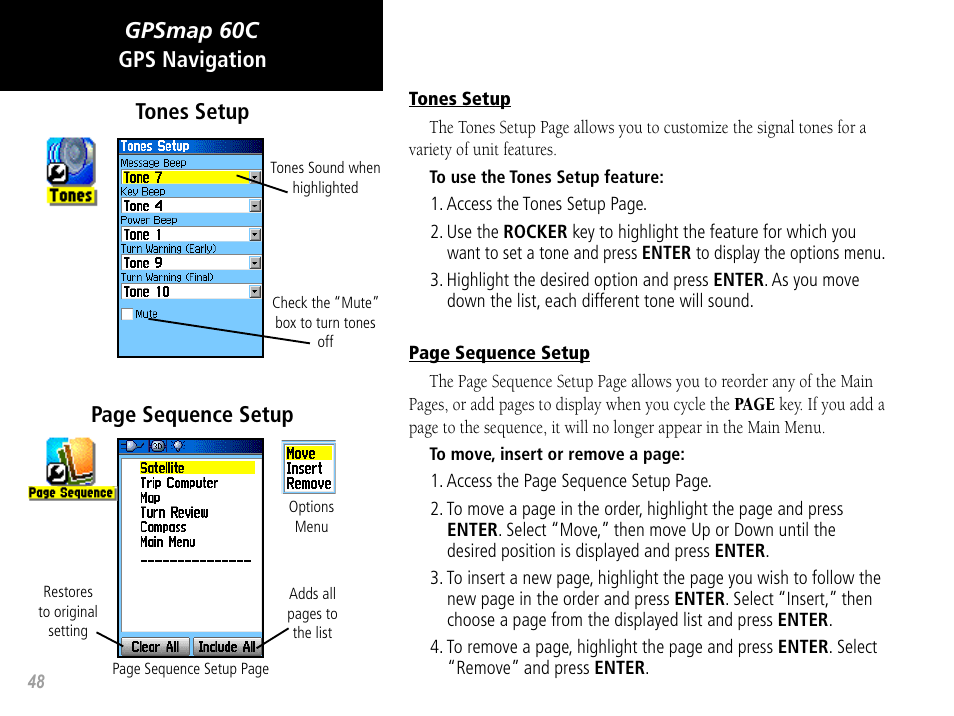 Gpsmap 60c, Gps navigation page sequence setup tones setup | Garmin GPSMAP 60C User Manual | Page 58 / 96