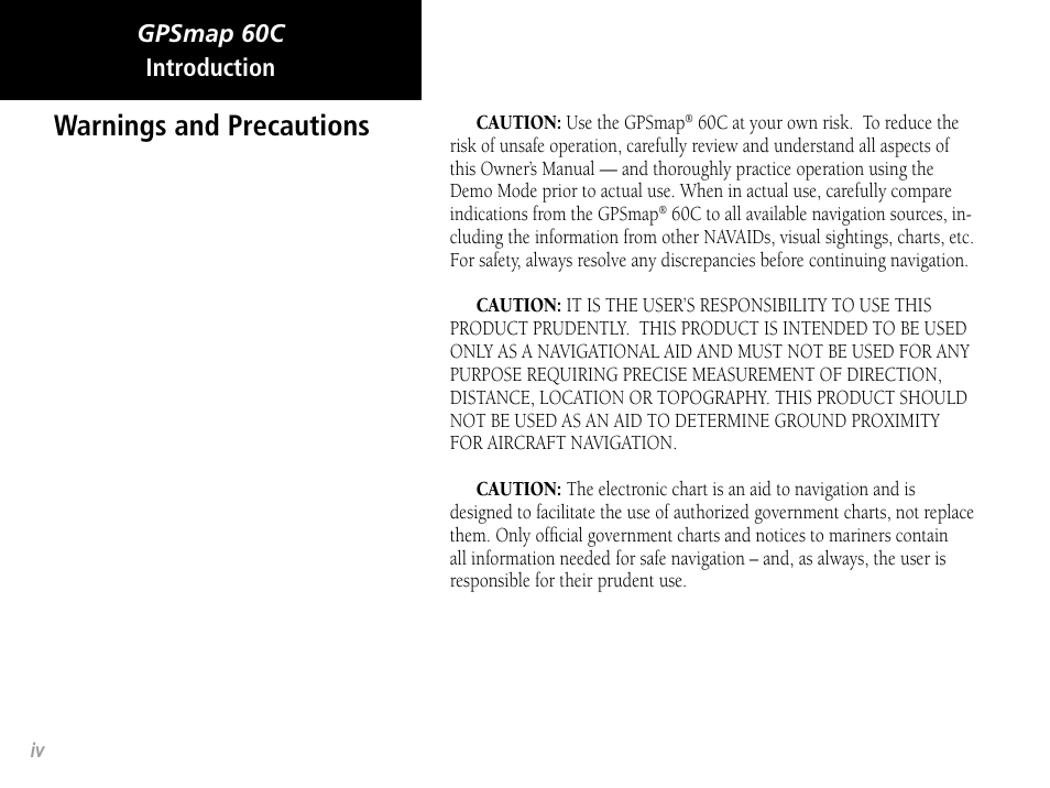 Warnings and precautions, Gpsmap 60c, Introduction | Garmin GPSMAP 60C User Manual | Page 6 / 96
