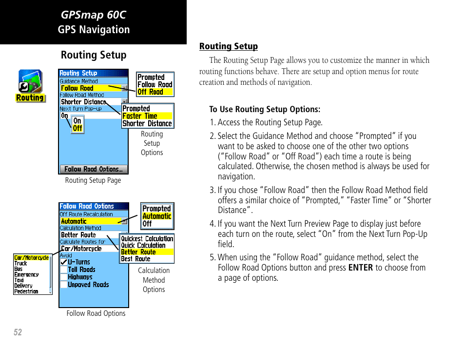 Gpsmap 60c gps navigation routing setup | Garmin GPSMAP 60C User Manual | Page 62 / 96