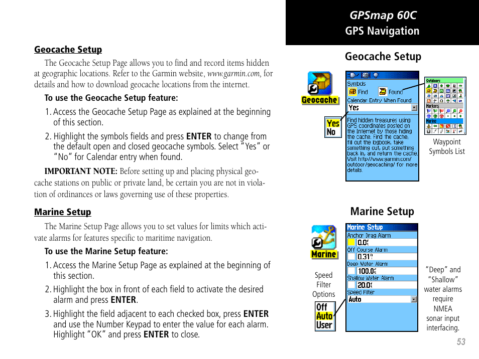 Gpsmap 60c, Gps navigation geocache setup marine setup | Garmin GPSMAP 60C User Manual | Page 63 / 96