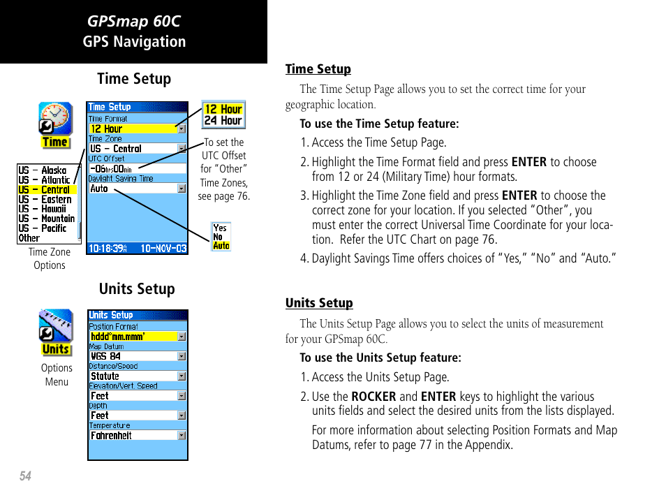 Gpsmap 60c gps navigation, Units setup time setup | Garmin GPSMAP 60C User Manual | Page 64 / 96