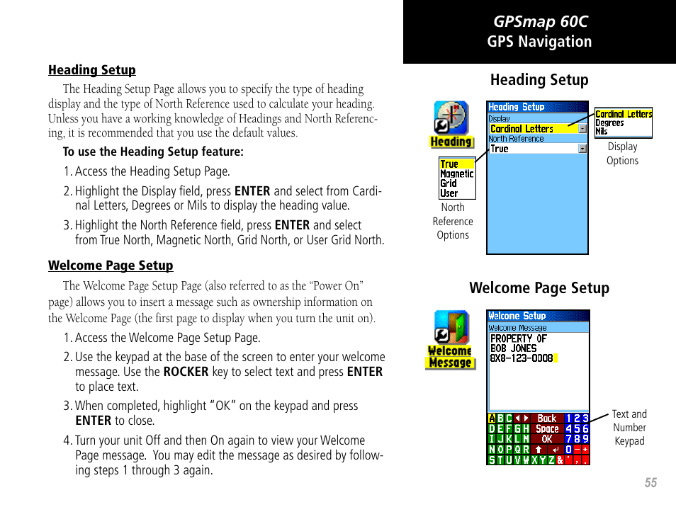 Gpsmap 60c, Welcome page setup gps navigation heading setup | Garmin GPSMAP 60C User Manual | Page 65 / 96
