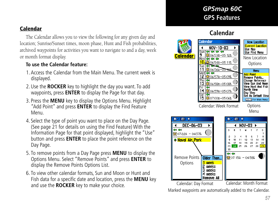 Gpsmap 60c gps features, Calendar | Garmin GPSMAP 60C User Manual | Page 67 / 96