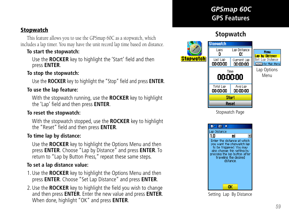 Gpsmap 60c gps features stopwatch | Garmin GPSMAP 60C User Manual | Page 69 / 96