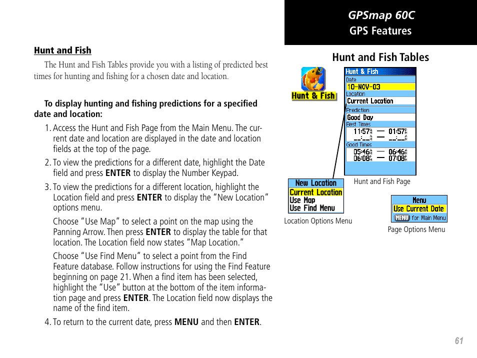 Gpsmap 60c gps features, Hunt and fish tables | Garmin GPSMAP 60C User Manual | Page 71 / 96