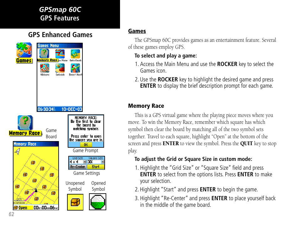 Gpsmap 60c gps features, Gps enhanced games | Garmin GPSMAP 60C User Manual | Page 72 / 96