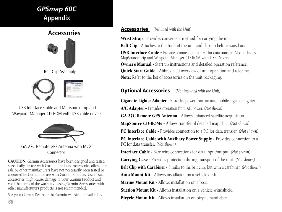 Gpsmap 60c appendix, Accessories | Garmin GPSMAP 60C User Manual | Page 76 / 96