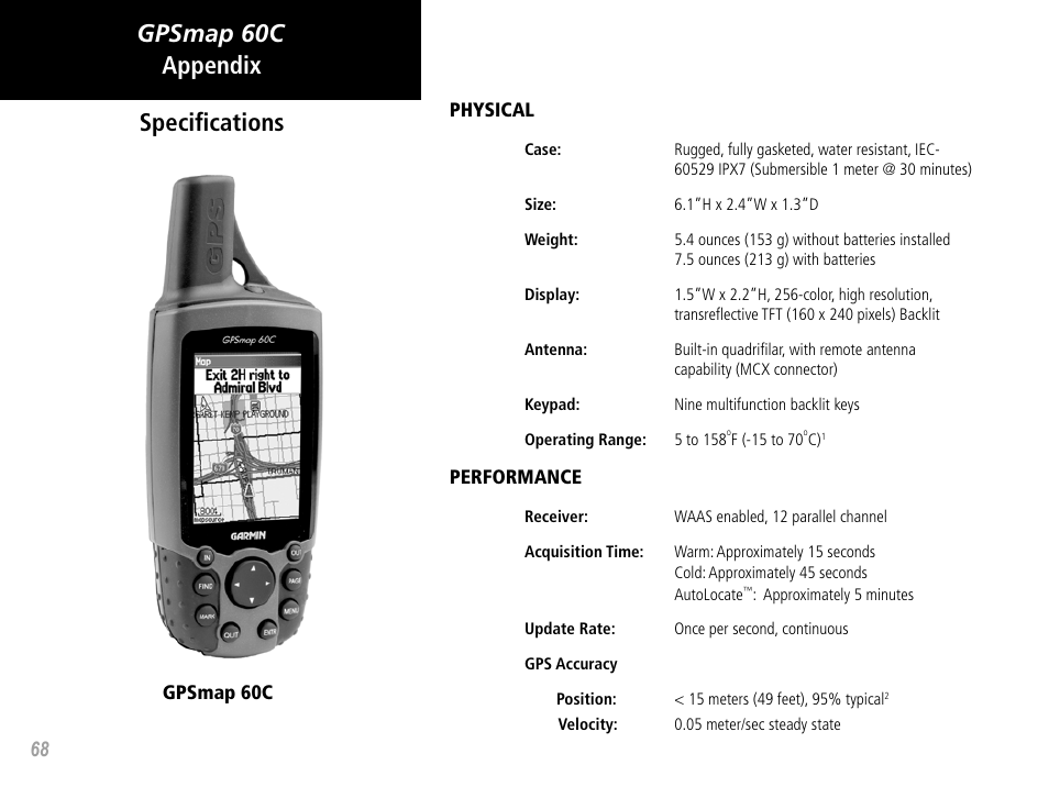 Gpsmap 60c appendix, Speciﬁcations | Garmin GPSMAP 60C User Manual | Page 78 / 96