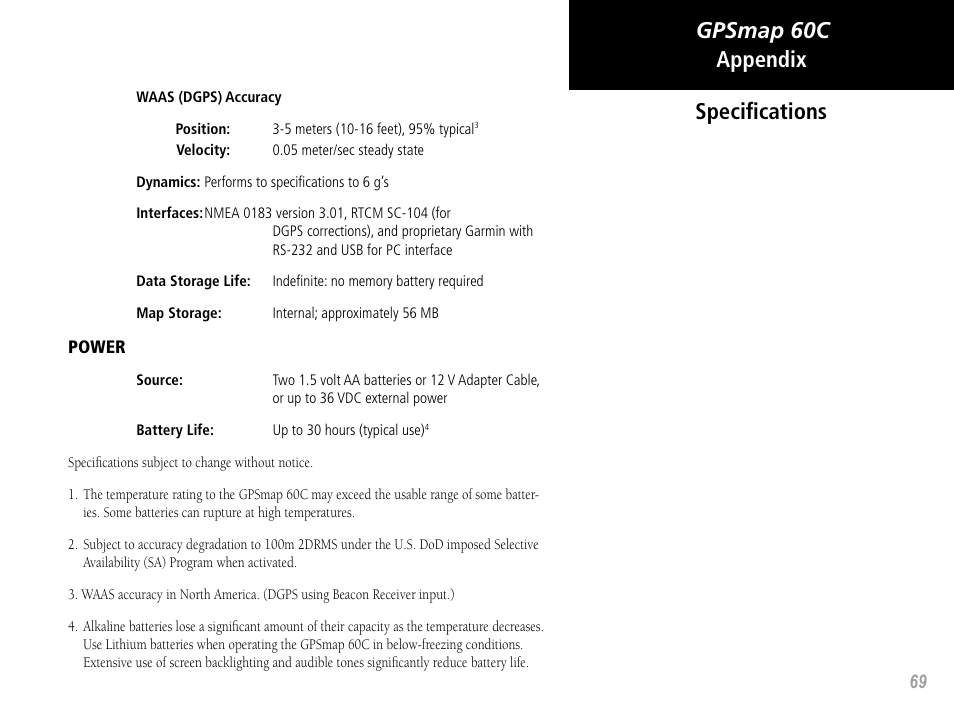 Gpsmap 60c appendix, Speciﬁcations | Garmin GPSMAP 60C User Manual | Page 79 / 96