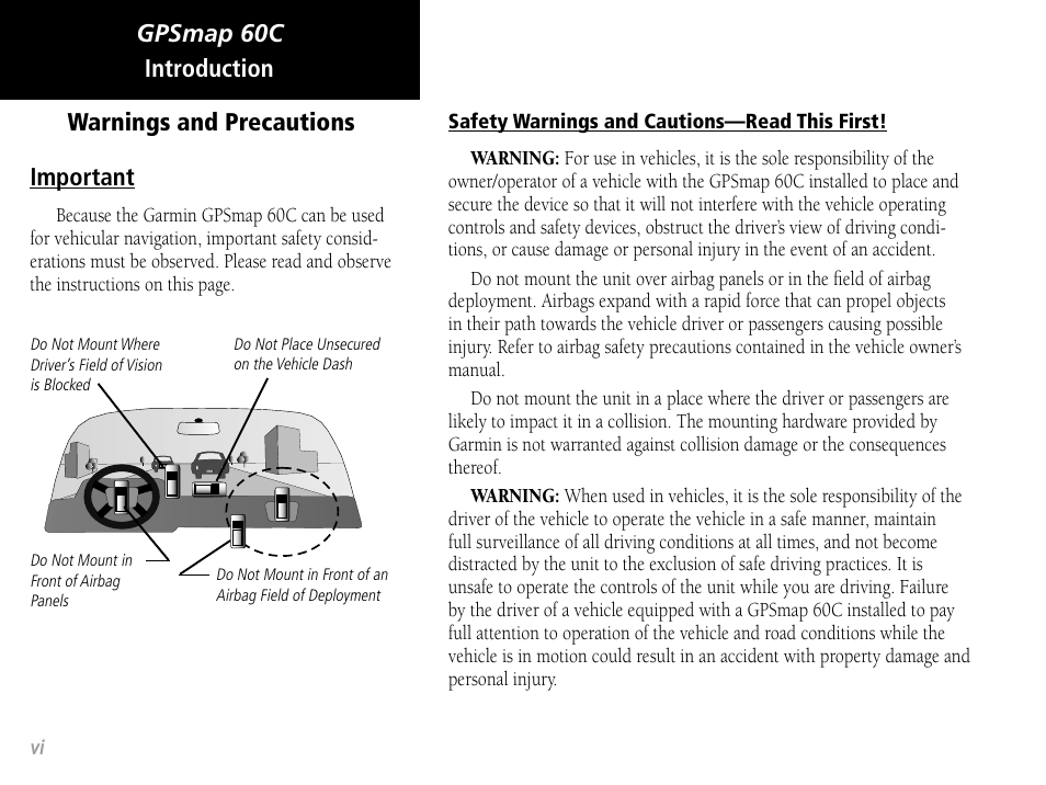 Gpsmap 60c, Introduction important, Warnings and precautions | Garmin GPSMAP 60C User Manual | Page 8 / 96