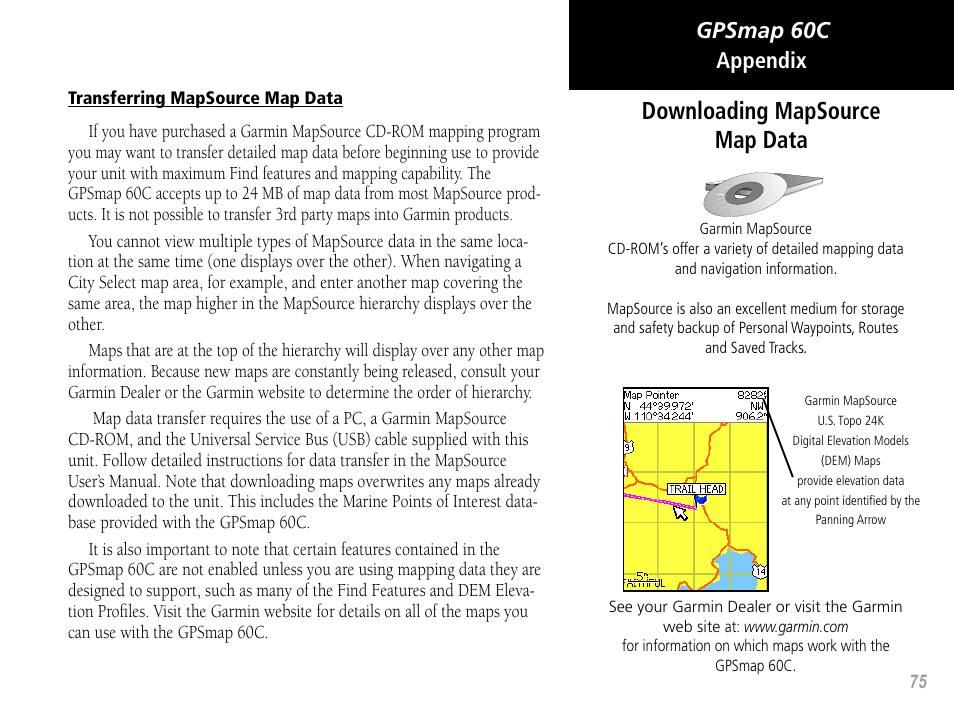 Downloading mapsource map data, Gpsmap 60c appendix | Garmin GPSMAP 60C User Manual | Page 85 / 96