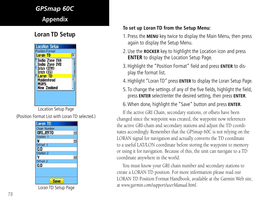 Gpsmap 60c appendix loran td setup | Garmin GPSMAP 60C User Manual | Page 88 / 96