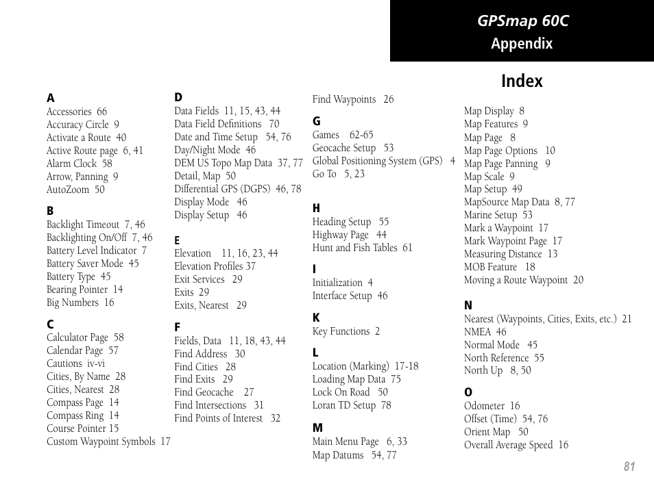 Index, Gpsmap 60c appendix | Garmin GPSMAP 60C User Manual | Page 91 / 96