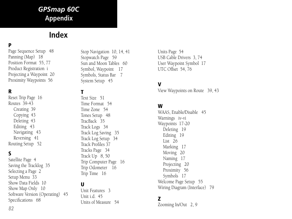 Index, Gpsmap 60c, Appendix | Garmin GPSMAP 60C User Manual | Page 92 / 96