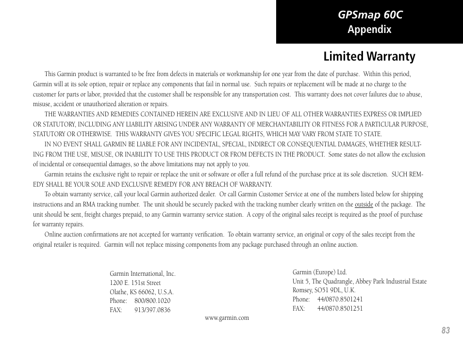 Limited warranty, Gpsmap 60c appendix | Garmin GPSMAP 60C User Manual | Page 93 / 96