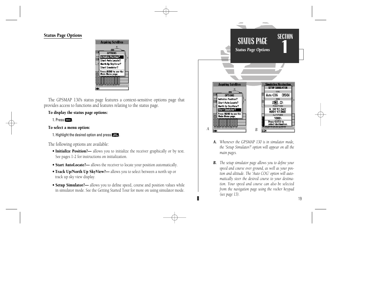 Status page | Garmin GPSMAP 130 User Manual | Page 29 / 94