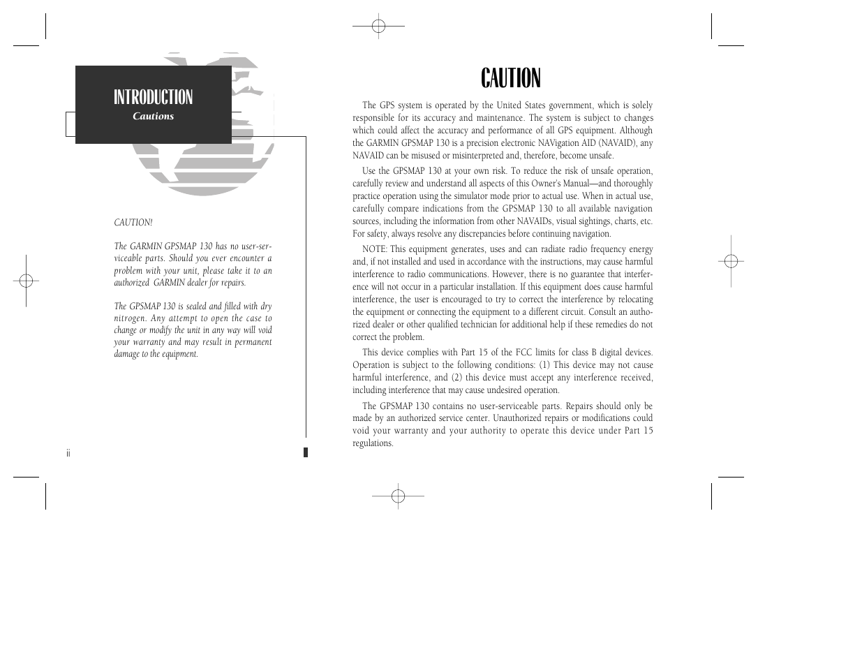 Caution, Introduction | Garmin GPSMAP 130 User Manual | Page 4 / 94