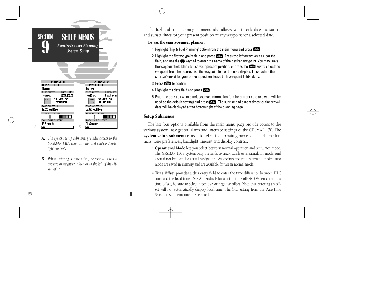 Setup menus | Garmin GPSMAP 130 User Manual | Page 68 / 94