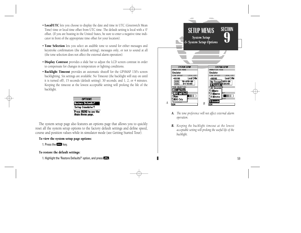 Setup menus | Garmin GPSMAP 130 User Manual | Page 69 / 94