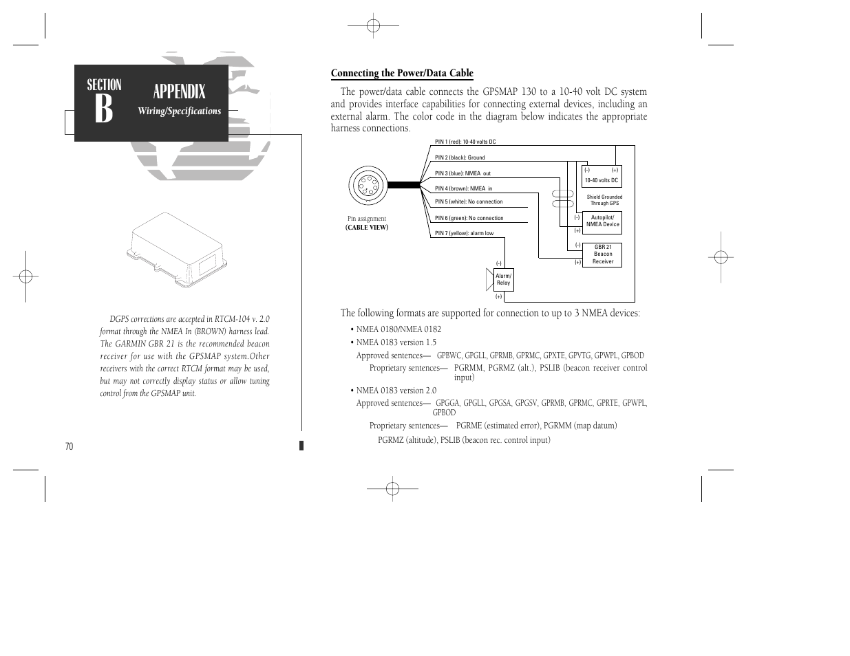 Appendix, Wiring/specifications | Garmin GPSMAP 130 User Manual | Page 80 / 94