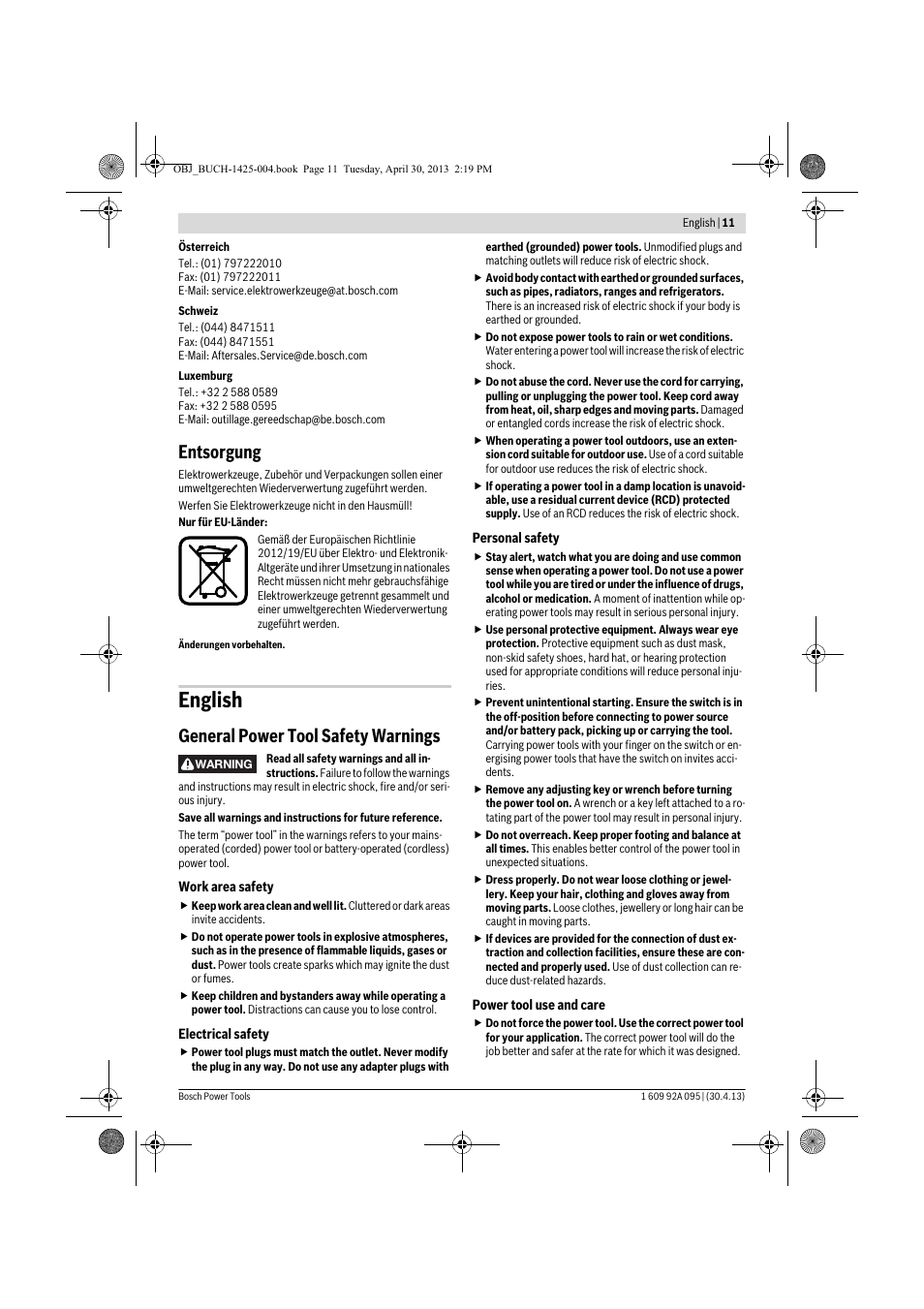 English, Entsorgung, General power tool safety warnings | Bosch GWS 9-125 Professional User Manual | Page 11 / 270