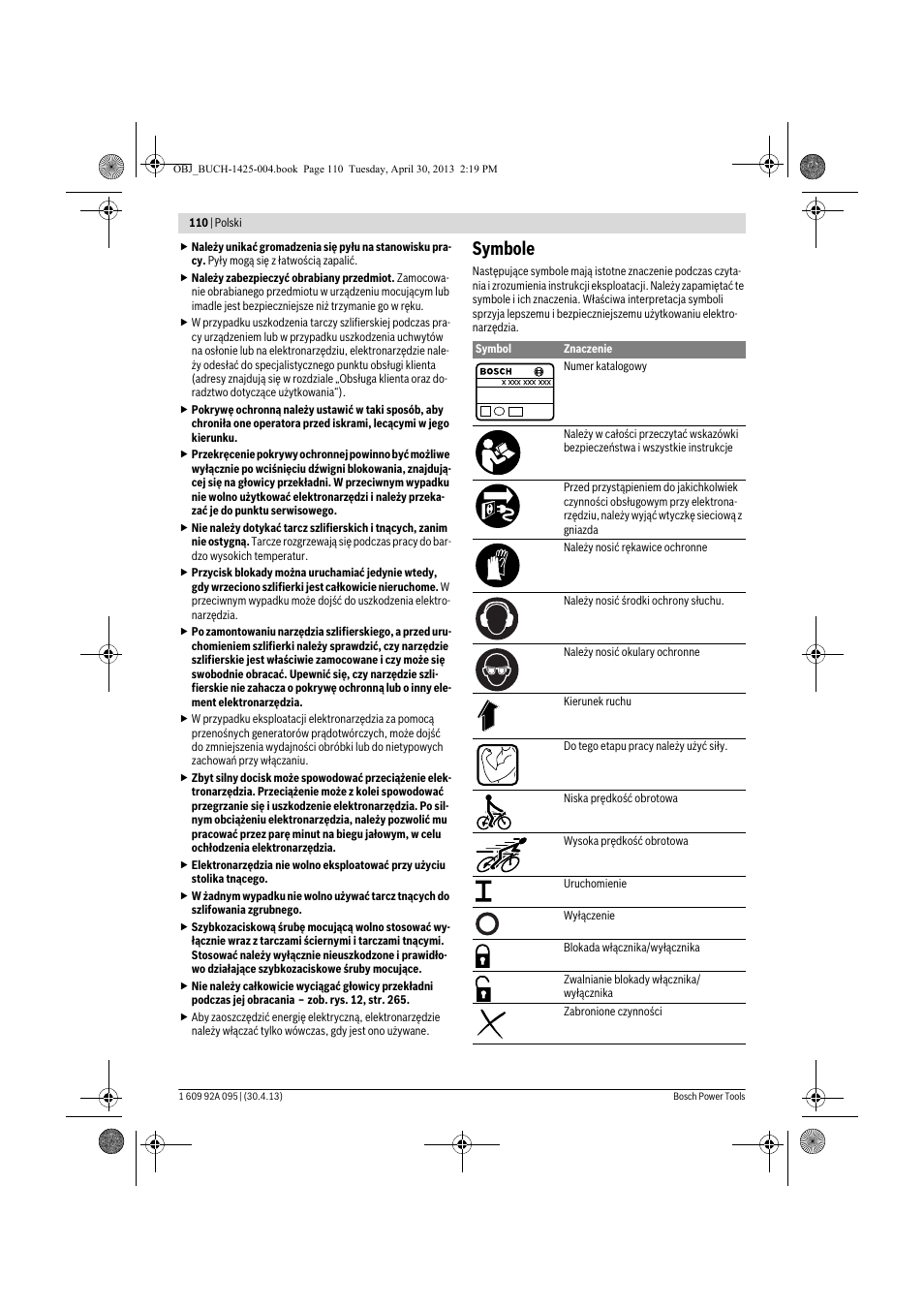 Symbole | Bosch GWS 9-125 Professional User Manual | Page 110 / 270