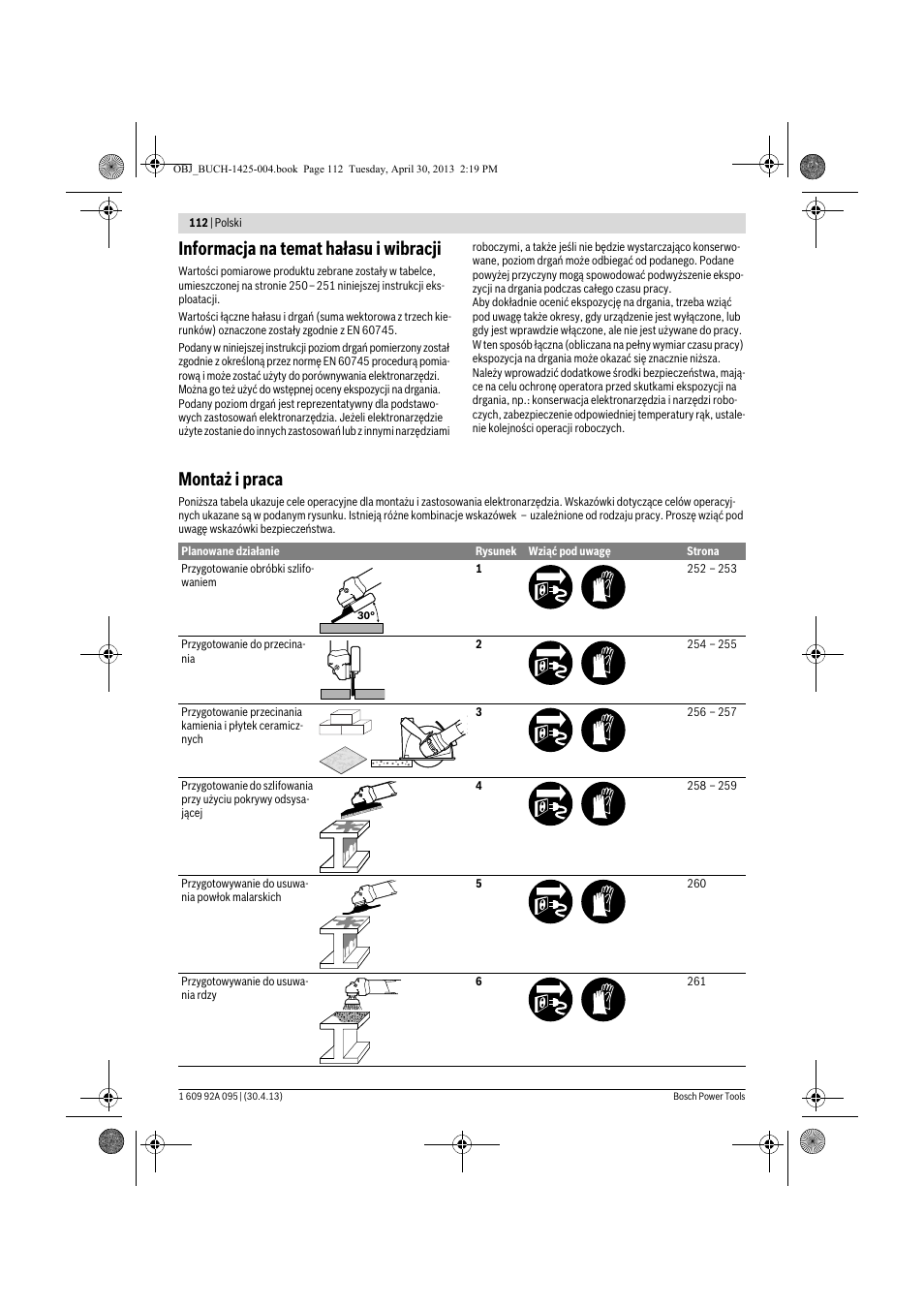 Informacja na temat hałasu i wibracji, Montaż i praca | Bosch GWS 9-125 Professional User Manual | Page 112 / 270