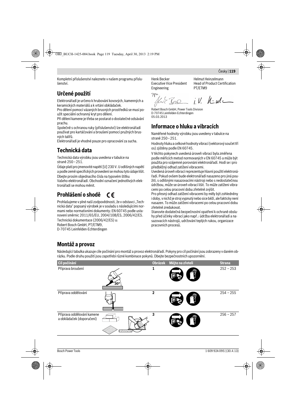 Určené použití, Technická data, Prohlášení o shodě | Informace o hluku a vibracích, Montáž a provoz | Bosch GWS 9-125 Professional User Manual | Page 119 / 270