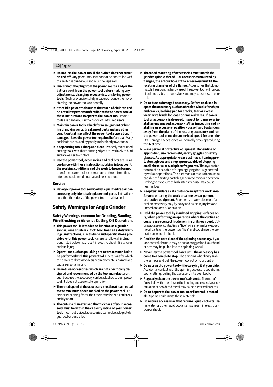 Safety warnings for angle grinder | Bosch GWS 9-125 Professional User Manual | Page 12 / 270