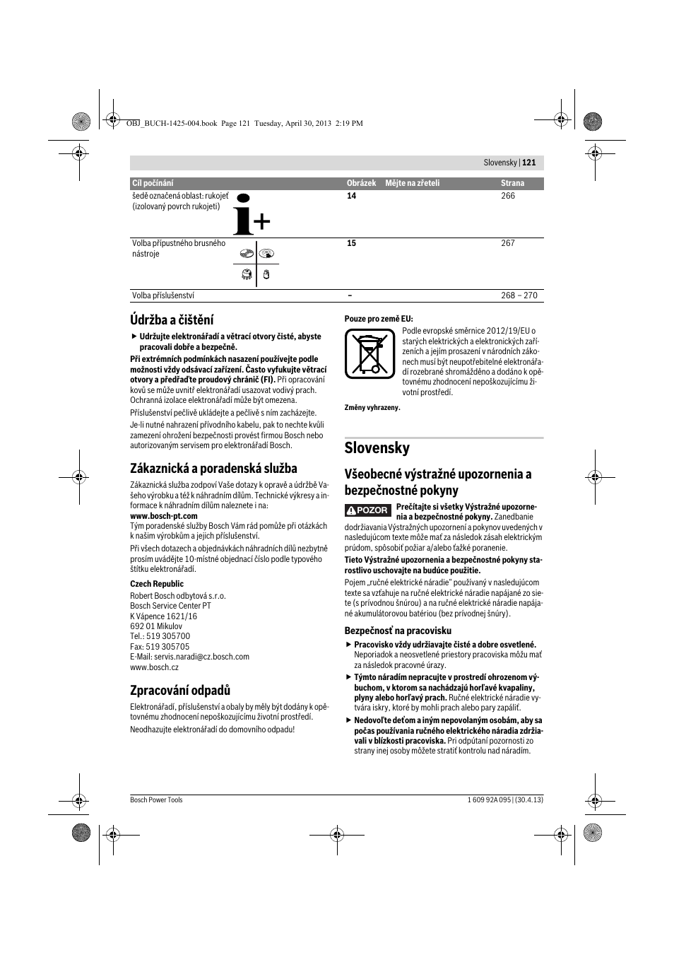 Slovensky, Údržba a čištění, Zákaznická a poradenská služba | Zpracování odpadů | Bosch GWS 9-125 Professional User Manual | Page 121 / 270