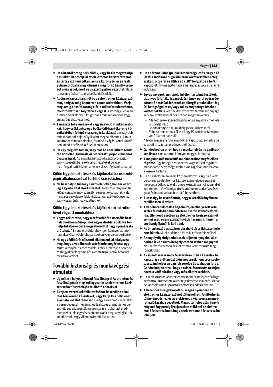 További biztonsági és munkavégzési útmutató | Bosch GWS 9-125 Professional User Manual | Page 133 / 270