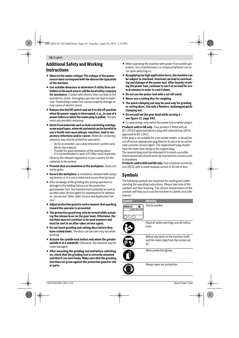 Additional safety and working instructions, Symbols | Bosch GWS 9-125 Professional User Manual | Page 14 / 270