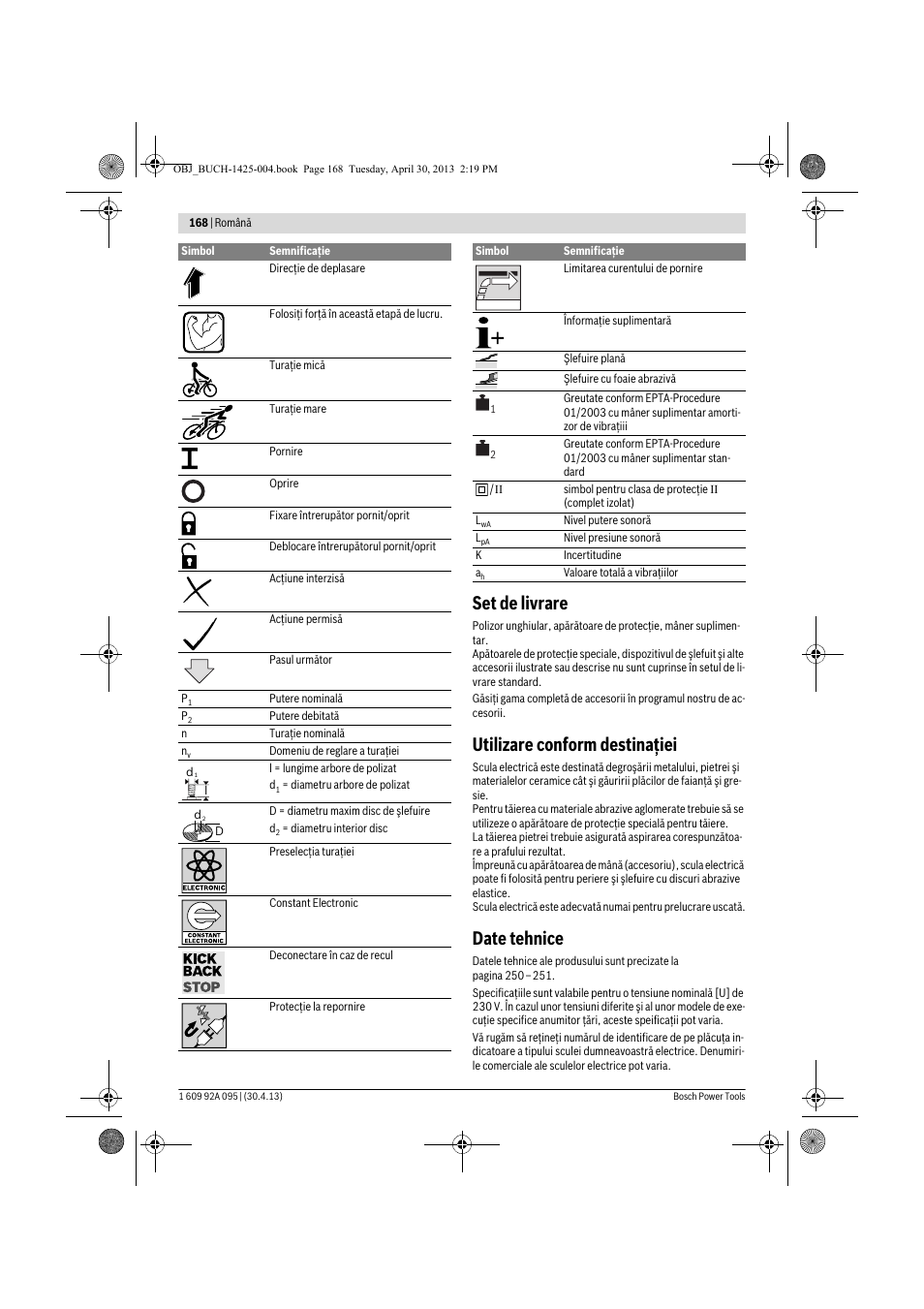 Set de livrare, Utilizare conform destinaţiei, Date tehnice | Bosch GWS 9-125 Professional User Manual | Page 168 / 270