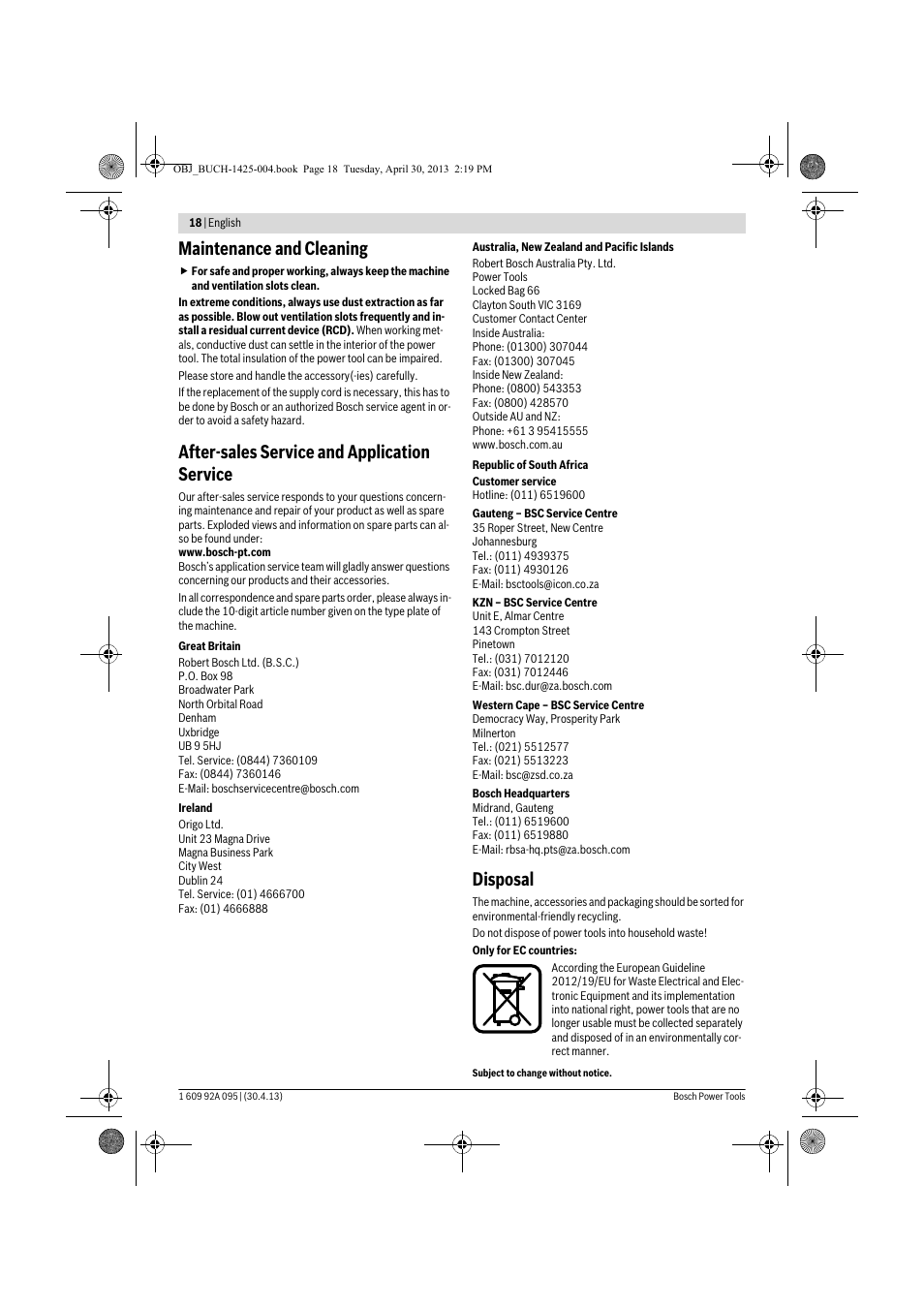 Maintenance and cleaning, After-sales service and application service, Disposal | Bosch GWS 9-125 Professional User Manual | Page 18 / 270