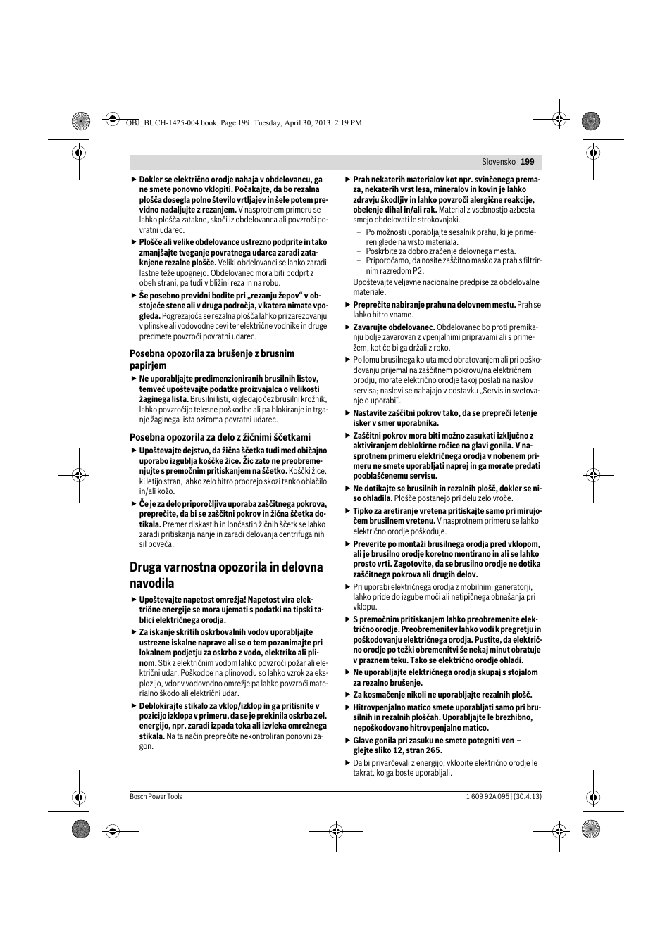 Druga varnostna opozorila in delovna navodila | Bosch GWS 9-125 Professional User Manual | Page 199 / 270